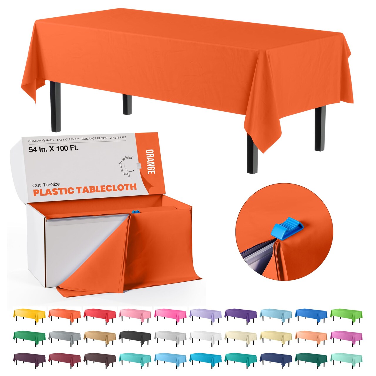 Exquisite Party Solids 54" x 100' Plastic Table Cover Roll with Slide Cutter – Cut-to-Size Dispenser Box – Makes Up to 12 Disposable 8' Rectangle Tablecloths